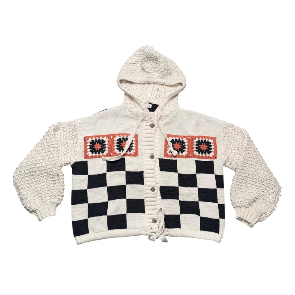 POL Crochet Granny Square Checkerboard Cardigan Womens Medium Cream Black Good